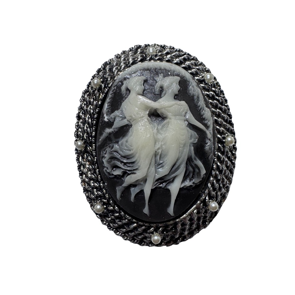 Vintage Cameo Brooch Black White Twin Women Dancing Filigree Frame Pearl Accents